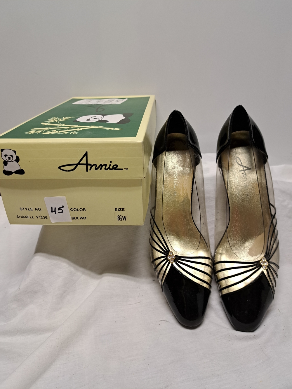 Annie Black Patent Pointed Toe Heels with Gold Strappy Detail